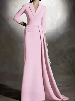 Bridal Mother Dress V-Neck 3/4 Length Sleeves Mermaid Pleated Floor-Length Guest Dresses For Wedding