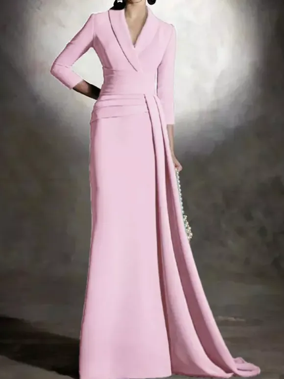 Bridal Mother Dress V-Neck 3/4 Length Sleeves Mermaid Pleated Floor-Length Guest Dresses For Wedding