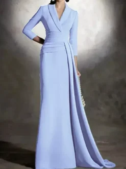Bridal Mother Dress V-Neck 3/4 Length Sleeves Mermaid Pleated Floor-Length Guest Dresses For Wedding