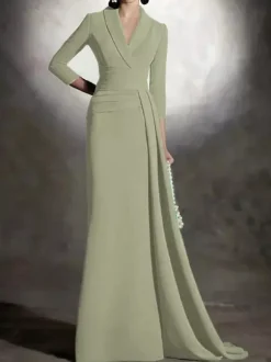 Bridal Mother Dress V-Neck 3/4 Length Sleeves Mermaid Pleated Floor-Length Guest Dresses For Wedding
