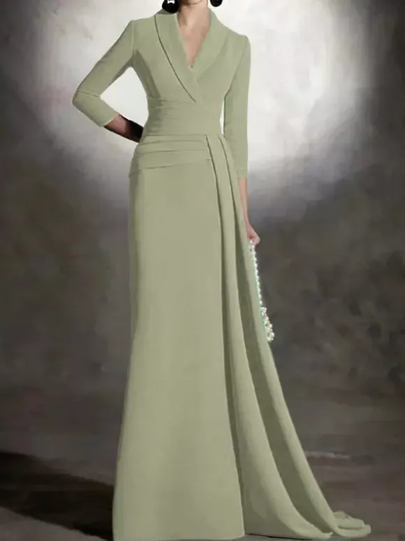 Bridal Mother Dress V-Neck 3/4 Length Sleeves Mermaid Pleated Floor-Length Guest Dresses For Wedding