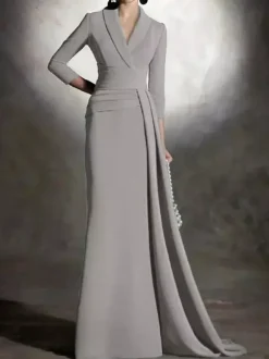 Bridal Mother Dress V-Neck 3/4 Length Sleeves Mermaid Pleated Floor-Length Guest Dresses For Wedding