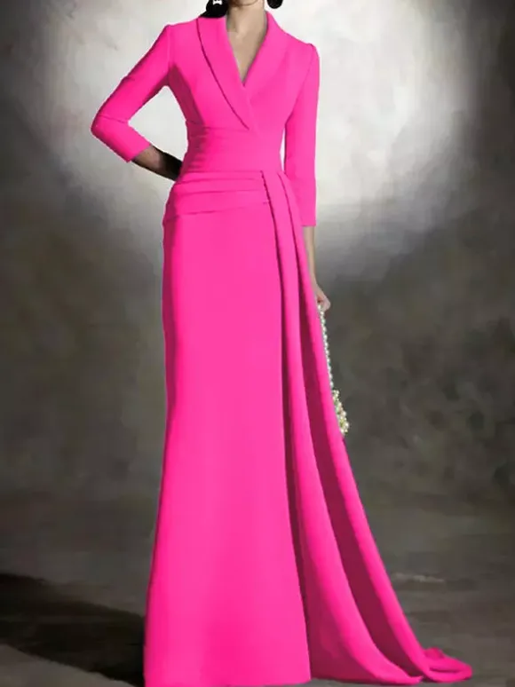 Bridal Mother Dress V-Neck 3/4 Length Sleeves Mermaid Pleated Floor-Length Guest Dresses For Wedding