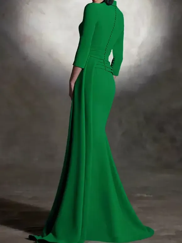 Bridal Mother Dress V-Neck 3/4 Length Sleeves Mermaid Pleated Floor-Length Guest Dresses For Wedding