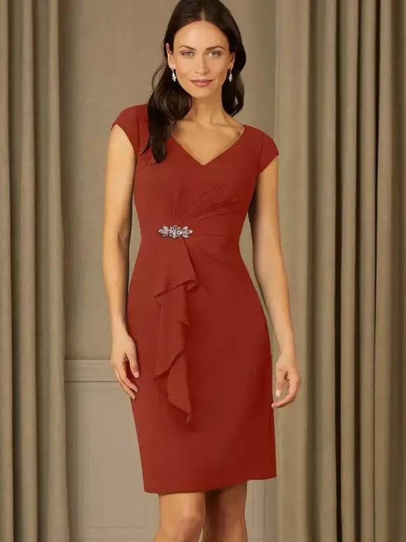 Bridal Mother Dress V-Neck Short Sleeves Pleated Rhinestones Details Guest Dresses For Wedding