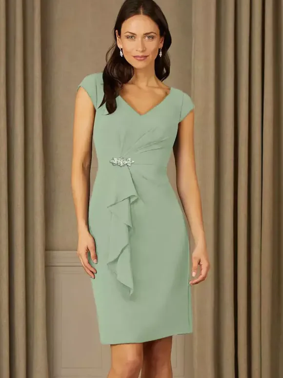 Bridal Mother Dress V-Neck Short Sleeves Pleated Rhinestones Details Guest Dresses For Wedding