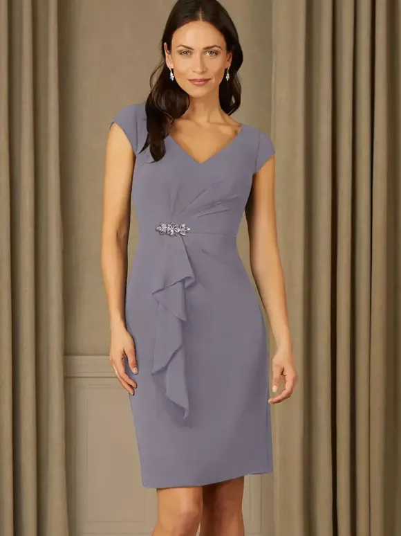 Bridal Mother Dress V-Neck Short Sleeves Pleated Rhinestones Details Guest Dresses For Wedding
