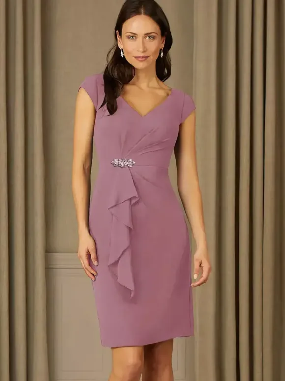 Bridal Mother Dress V-Neck Short Sleeves Pleated Rhinestones Details Guest Dresses For Wedding