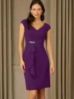 Bridal Mother Dress V-Neck Short Sleeves Pleated Rhinestones Details Guest Dresses For Wedding