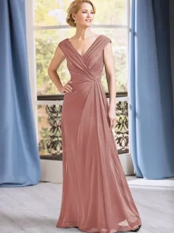 Bridal Mother Dress V-Neck Sleeveless A-Line Pleated Floor-Length Wedding Guest Dresses