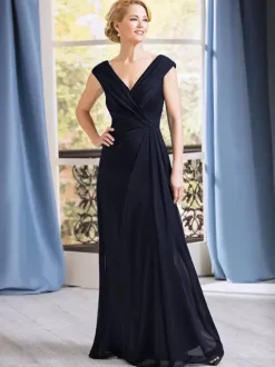 Bridal Mother Dress V-Neck Sleeveless A-Line Pleated Floor-Length Wedding Guest Dresses