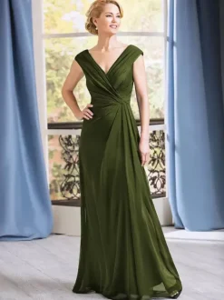 Bridal Mother Dress V-Neck Sleeveless A-Line Pleated Floor-Length Wedding Guest Dresses