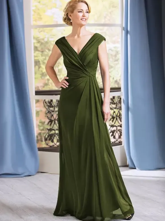 Bridal Mother Dress V-Neck Sleeveless A-Line Pleated Floor-Length Wedding Guest Dresses