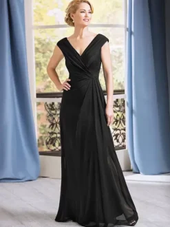 Bridal Mother Dress V-Neck Sleeveless A-Line Pleated Floor-Length Wedding Guest Dresses