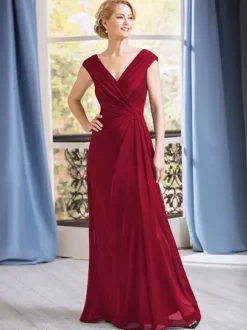 Bridal Mother Dress V-Neck Sleeveless A-Line Pleated Floor-Length Wedding Guest Dresses