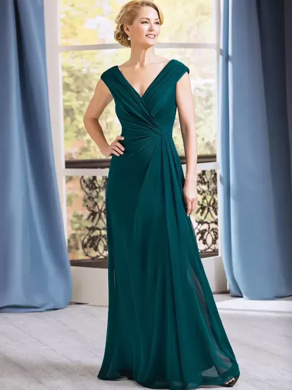 Bridal Mother Dress V-Neck Sleeveless A-Line Pleated Floor-Length Wedding Guest Dresses
