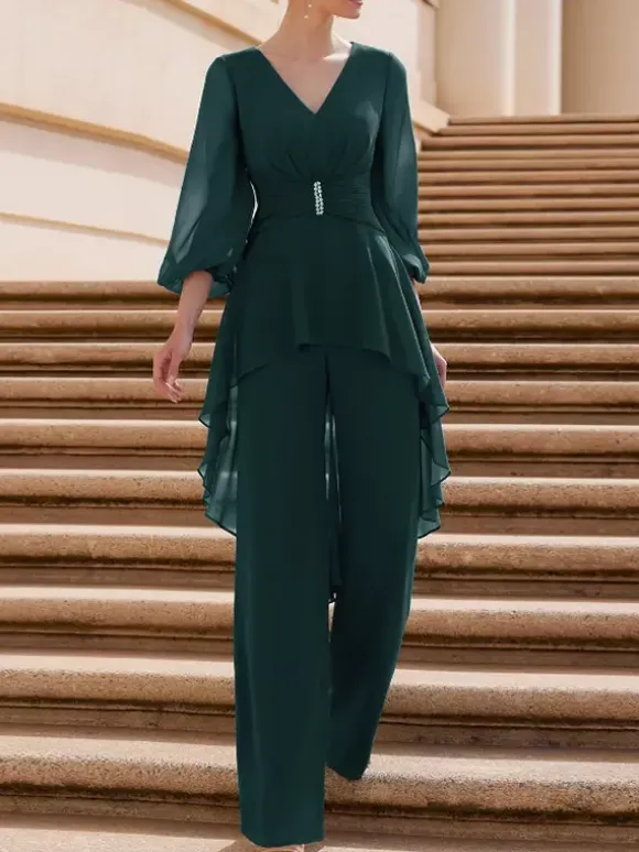 Bridal Mother Dress V-Neck Half Sleeves Jumpsuit Ruffles Floor-Length Guest Dresses For Wedding