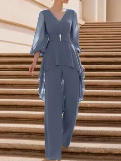 Bridal Mother Dress V-Neck Half Sleeves Jumpsuit Ruffles Floor-Length Guest Dresses For Wedding