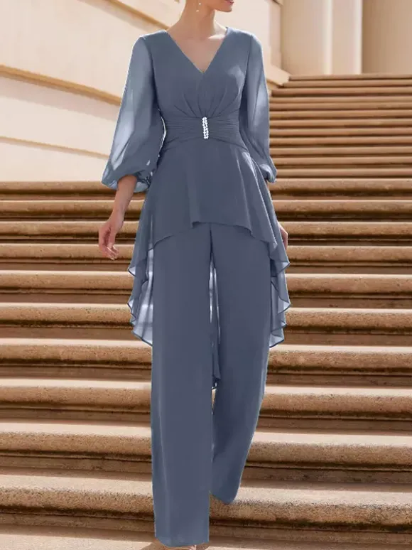 Bridal Mother Dress V-Neck Half Sleeves Jumpsuit Ruffles Floor-Length Guest Dresses For Wedding
