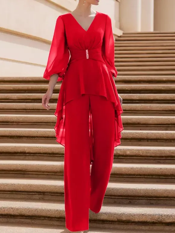 Bridal Mother Dress V-Neck Half Sleeves Jumpsuit Ruffles Floor-Length Guest Dresses For Wedding