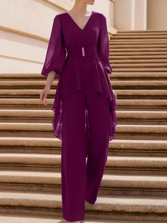 Bridal Mother Dress V-Neck Half Sleeves Jumpsuit Ruffles Floor-Length Guest Dresses For Wedding