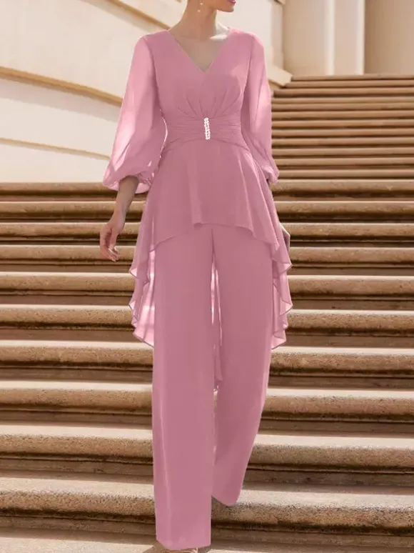 Bridal Mother Dress V-Neck Half Sleeves Jumpsuit Ruffles Floor-Length Guest Dresses For Wedding