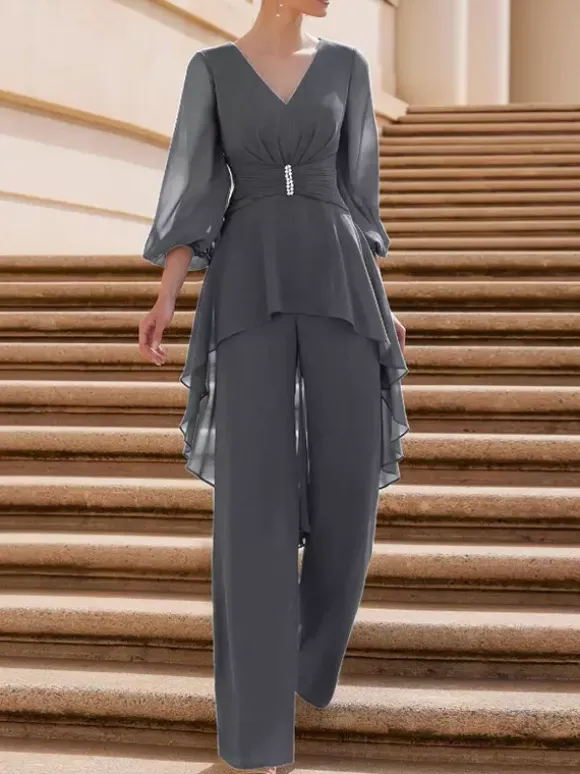 Bridal Mother Dress V-Neck Half Sleeves Jumpsuit Ruffles Floor-Length Guest Dresses For Wedding