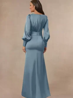 Bridal Mother Dress V-Neck Long Sleeves Mermaid Pleated Guest Dresses For Wedding