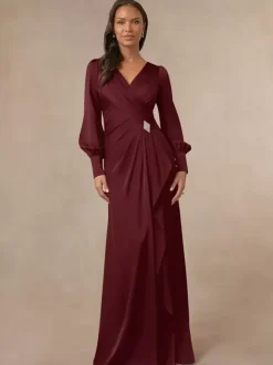 Bridal Mother Dress V-Neck Long Sleeves Mermaid Pleated Guest Dresses For Wedding
