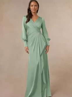 Bridal Mother Dress V-Neck Long Sleeves Mermaid Pleated Guest Dresses For Wedding
