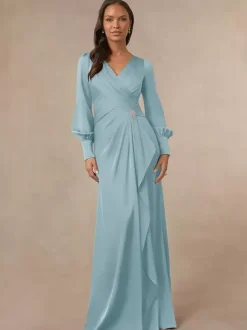 Bridal Mother Dress V-Neck Long Sleeves Mermaid Pleated Guest Dresses For Wedding