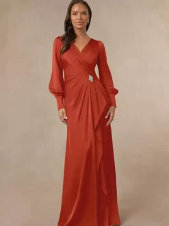 Bridal Mother Dress V-Neck Long Sleeves Mermaid Pleated Guest Dresses For Wedding