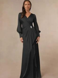 Bridal Mother Dress V-Neck Long Sleeves Mermaid Pleated Guest Dresses For Wedding