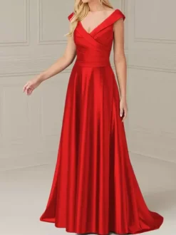 Bridal Mother Dress V-Neck Sleeveless A-Line Pleated Floor-Length Wedding Guest Dresses