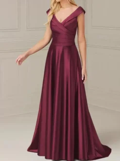 Bridal Mother Dress V-Neck Sleeveless A-Line Pleated Floor-Length Wedding Guest Dresses