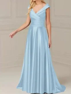 Bridal Mother Dress V-Neck Sleeveless A-Line Pleated Floor-Length Wedding Guest Dresses