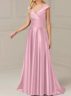 Bridal Mother Dress V-Neck Sleeveless A-Line Pleated Floor-Length Wedding Guest Dresses