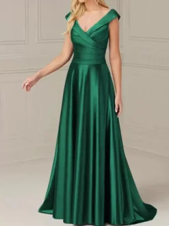 Bridal Mother Dress V-Neck Sleeveless A-Line Pleated Floor-Length Wedding Guest Dresses