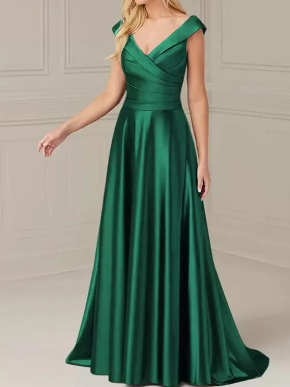 Bridal Mother Dress V-Neck Sleeveless A-Line Pleated Floor-Length Wedding Guest Dresses