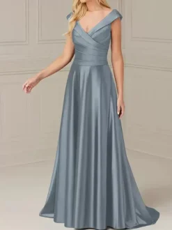 Bridal Mother Dress V-Neck Sleeveless A-Line Pleated Floor-Length Wedding Guest Dresses