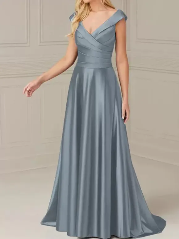 Bridal Mother Dress V-Neck Sleeveless A-Line Pleated Floor-Length Wedding Guest Dresses