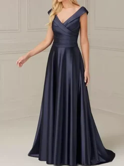 Bridal Mother Dress V-Neck Sleeveless A-Line Pleated Floor-Length Wedding Guest Dresses