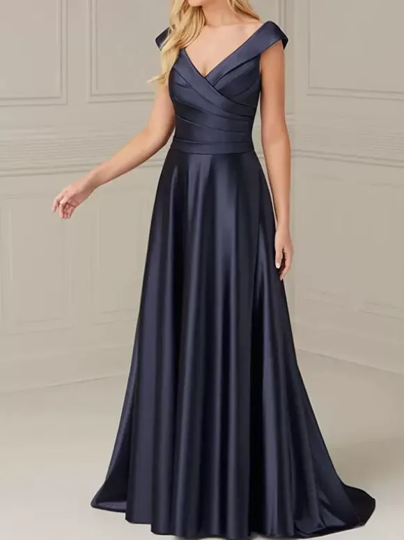 Bridal Mother Dress V-Neck Sleeveless A-Line Pleated Floor-Length Wedding Guest Dresses