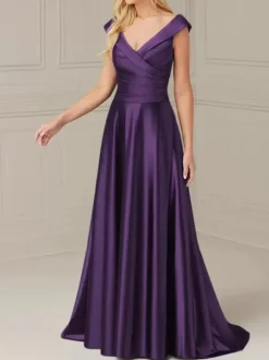 Bridal Mother Dress V-Neck Sleeveless A-Line Pleated Floor-Length Wedding Guest Dresses