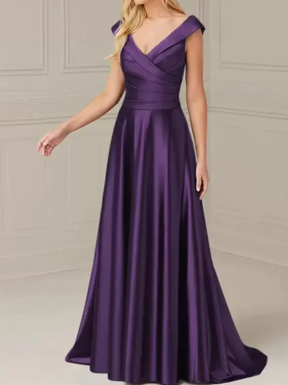 Bridal Mother Dress V-Neck Sleeveless A-Line Pleated Floor-Length Wedding Guest Dresses