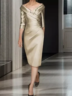 Bridal Mother Dress V-Neck Half Sleeves A-Line Pleated Wedding Guest Dresses