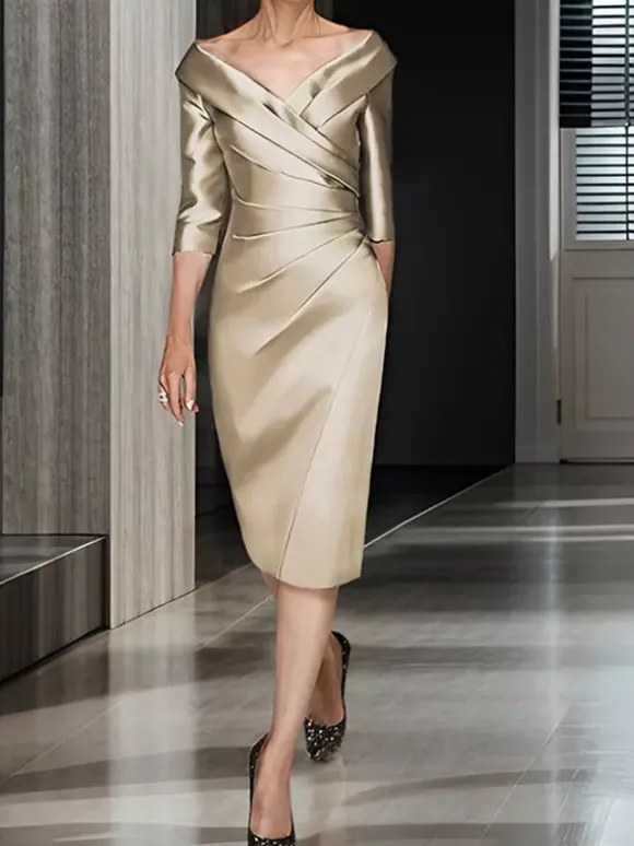Bridal Mother Dress V-Neck Half Sleeves A-Line Pleated Wedding Guest Dresses
