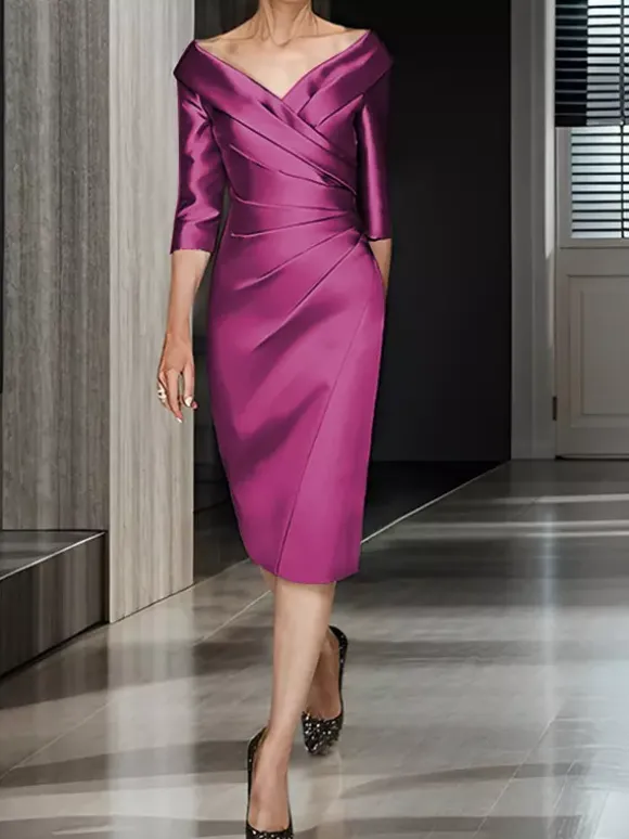 Bridal Mother Dress V-Neck Half Sleeves A-Line Pleated Wedding Guest Dresses