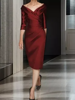 Bridal Mother Dress V-Neck Half Sleeves A-Line Pleated Wedding Guest Dresses