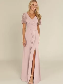 Bridal Mother Dress V-Neck Short Sleeves Sheath Beaded Guest Dresses For Wedding